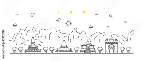 Lao city. Modern flat line landscape vector. City line art illustration with building and temple. Vector illustration.