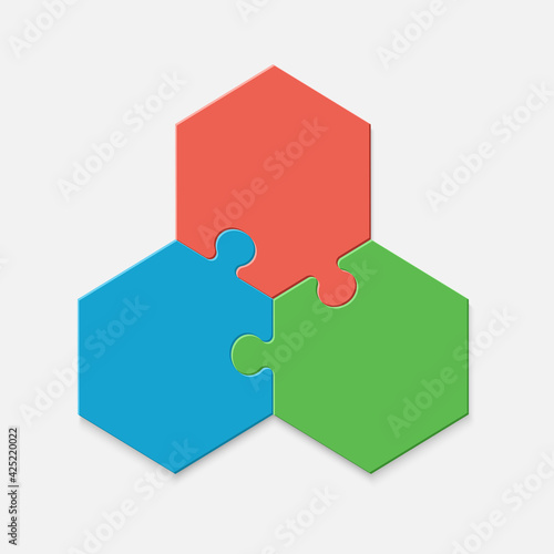 Three pieces of a hexagon puzzle. Hexagonal mosaic infographics.