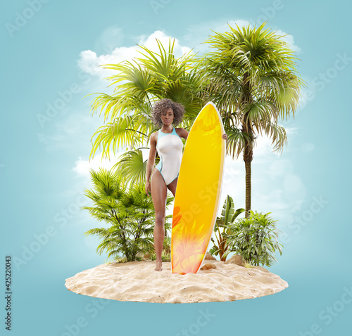 Unusual 3d illustration of slender black woman with surfboard on tropical isl...
