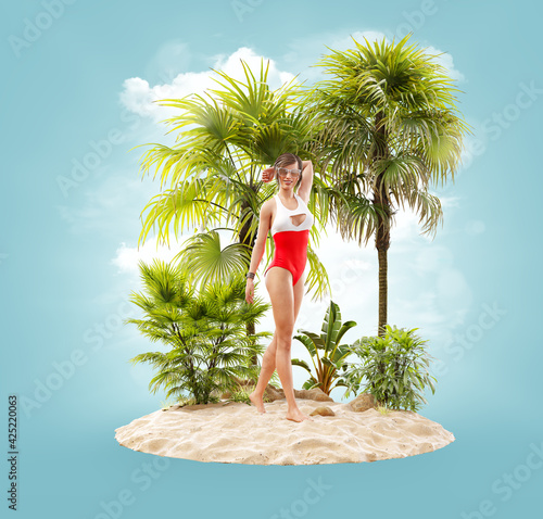 Unusual 3d illustration of a beautiful slender female on a tropical island at...