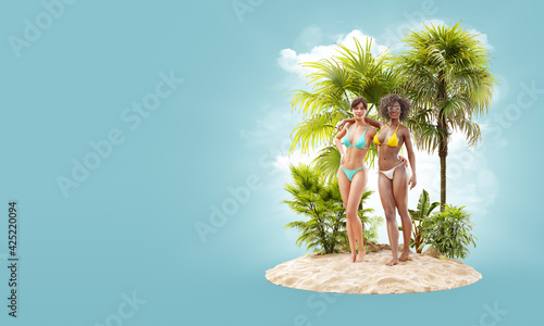 Unusual 3d illustration of beautiful slender women on a tropical island at th...