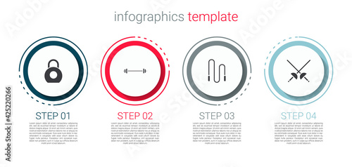 Set Kettlebell, Barbell, Jump rope and Fencing. Business infographic template. Vector