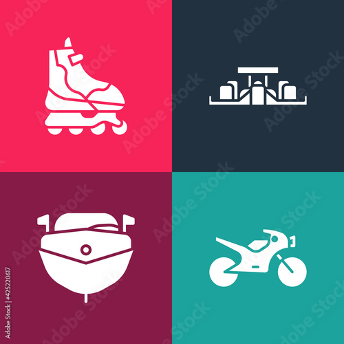 Set pop art Motorcycle, Speedboat, Formula 1 racing car and Roller skate icon. Vector