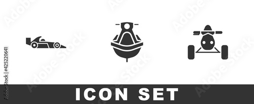 Set Formula 1 racing car, Jet ski and ATV motorcycle icon. Vector