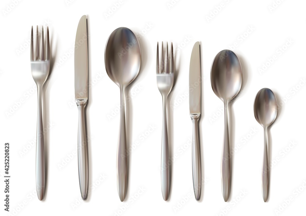 3d realistic cutlery set with table knife, spoon, fork, tea spoon and fish spoon. 3d realistic cutlery set with table knife, spoon, fork, tea spoon and fish spoon.