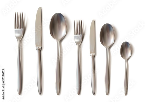 3d realistic cutlery set with table knife, spoon, fork, tea spoon and fish spoon.