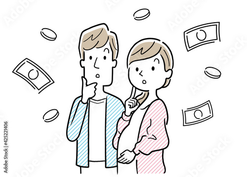 ベクターイラスト素材：お金のことを考える妊婦の妻と夫、夫婦
