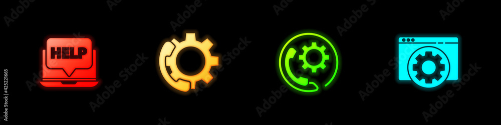 Set Laptop and help, Telephone 24 hours support, and Browser setting icon. Vector Set Laptop and help, Telephone 24 hours support, and Browser setting icon. Vector