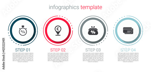 Set Stopwatch and percent, Cash location, Purse money and Credit card. Business infographic template. Vector