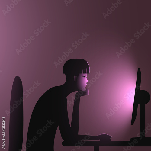 Internet addiction. A woman with an undercut bob hairstyle sits at a computer late at night. Vector illustration of people immersion to networks and spending too much time on the internet.