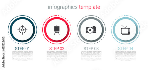 Set Target sport, Easel painting art boards, Photo camera and Retro tv. Business infographic template. Vector