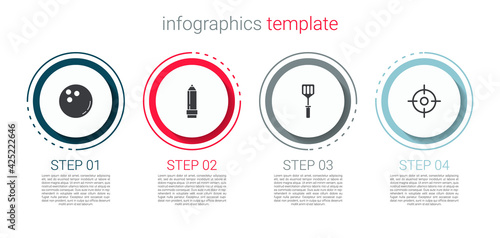 Set Bowling ball, Pencil with eraser, Spatula and Target sport. Business infographic template. Vector