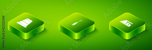 Set Isometric Awl tool, Electric iron and Thimble for sewing icon. Vector