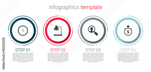 Set Clock, Table lamp, Magnifying glass for search people and Time is money. Business infographic template. Vector
