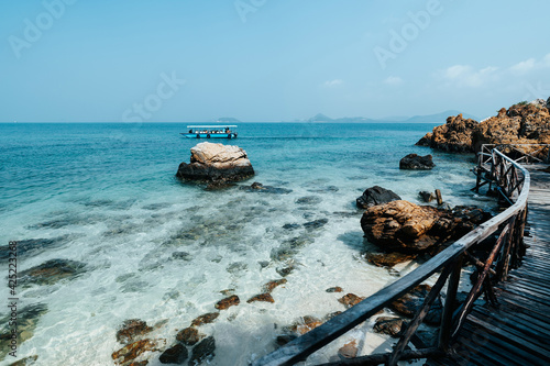 beautiful soft wave clear blue transparency sea ocean water and rocks at the bottom of the tropical paradise beach coast summer sea view at koh kham Samae SanIsland, Sattahip, Chonburi, Thailand