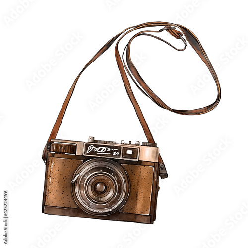 Vintage camera isolated on white background. Hand painted watercolor. Botanical hand drawn illustration