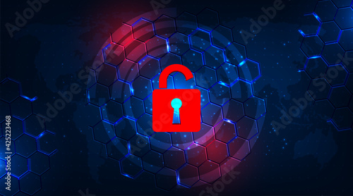 Attack and Information leak concept.Padlock red open on hexagon geometric graphics dark blue.Destruction Virtual 3d vector illustration.