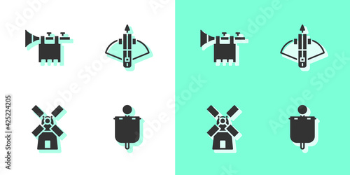Set Medieval flag, Trumpet with, Windmill and Battle crossbow arrow icon. Vector