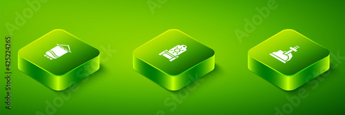 Set Isometric Medieval throne, Sword in the stone and flag icon. Vector