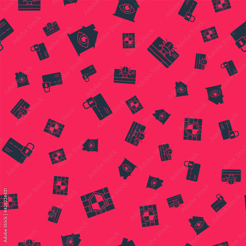 Set Shield with brick wall, House eye scan, Credit card lock and System bug in credit on seamless pattern. Vector Set Shield with brick wall, House eye scan, Credit card lock and System bug in credit on seamless pattern. Vector