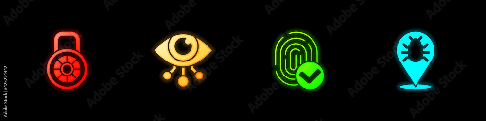 Set Safe combination lock, Eye scan, Fingerprint and System bug icon. Vector Set Safe combination lock, Eye scan, Fingerprint and System bug icon. Vector