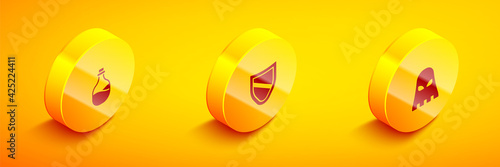 Set Isometric Old bottle of wine, Shield and Executioner mask icon. Vector
