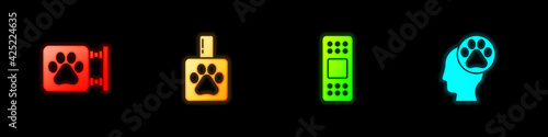 Set Veterinary clinic, Pet shampoo, Bandage plaster and Human with animals footprint icon. Vector