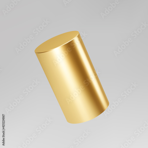 Gold 3d rotating cylinder isolated on grey background. Cylinder pillar, golden pipe. 3d basic geometric shape vector