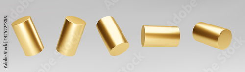 Gold 3d rotating cylinder set isolated on grey background. Cylinder pillar, golden pipe. 3d basic geometric shapes vector photo