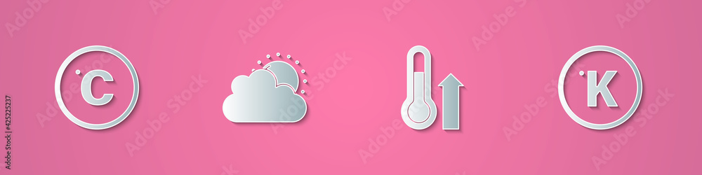 Set paper cut Celsius, Sun and cloud weather, Meteorology thermometer and Kelvin icon. Paper art style. Vector