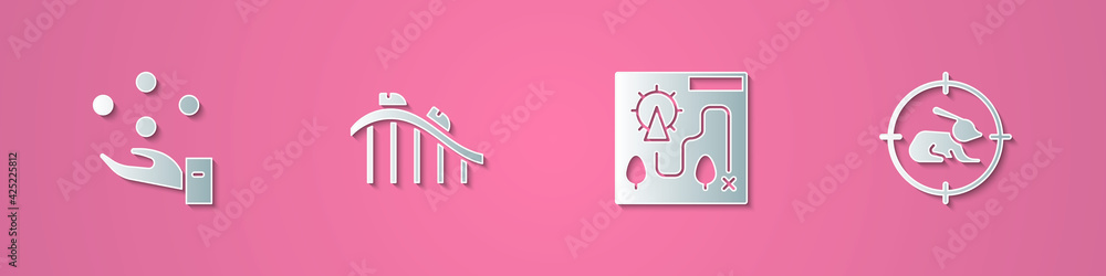 Set paper cut Juggling ball, Roller coaster, Amusement park map and Hunt on rabbit with crosshairs icon. Paper art style. Vector Set paper cut Juggling ball, Roller coaster, Amusement park map and Hunt on rabbit with crosshairs icon. Paper art style. Vector