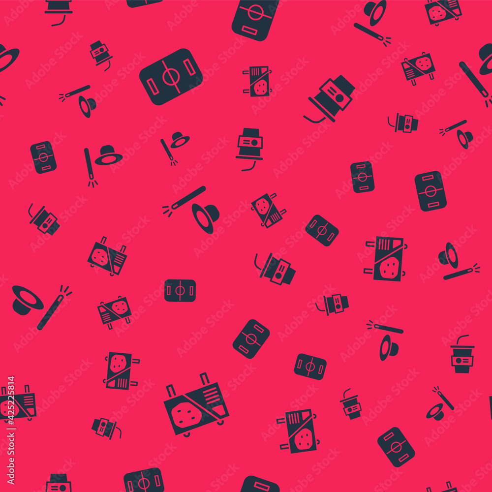 Set Amusement park billboard, Hockey table, Magic hat and wand and Paper glass with water on seamless pattern. Vector Set Amusement park billboard, Hockey table, Magic hat and wand and Paper glass with water on seamless pattern. Vector