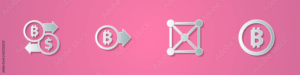Set paper cut Cryptocurrency exchange, Bitcoin, Blockchain technology and icon. Paper art style. Vector Set paper cut Cryptocurrency exchange, Bitcoin, Blockchain technology and icon. Paper art style. Vector