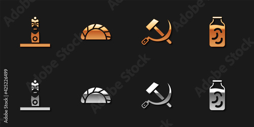 Set Slavic pagan idol, Dumpling, Hammer and sickle USSR and Pickled cucumbers jar icon. Vector