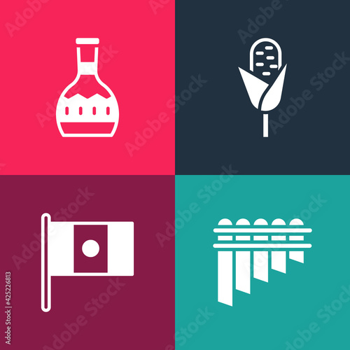 Set pop art Pan flute, Mexico flag, Corn and Tequila bottle icon. Vector
