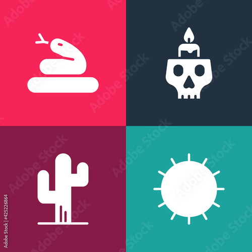 Set pop art Sun, Cactus, Burning candle on skull and Snake icon. Vector