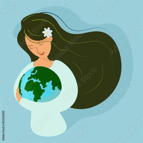 Cute woman gently hugs the blue planet. The concept of protecting and caring for the world. Vector illustration for poster at Earth Day. Flat style on a blue background.
