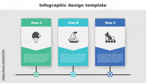 Set Racket and ball, Toy boat and Roller skate. Business infographic template. Vector