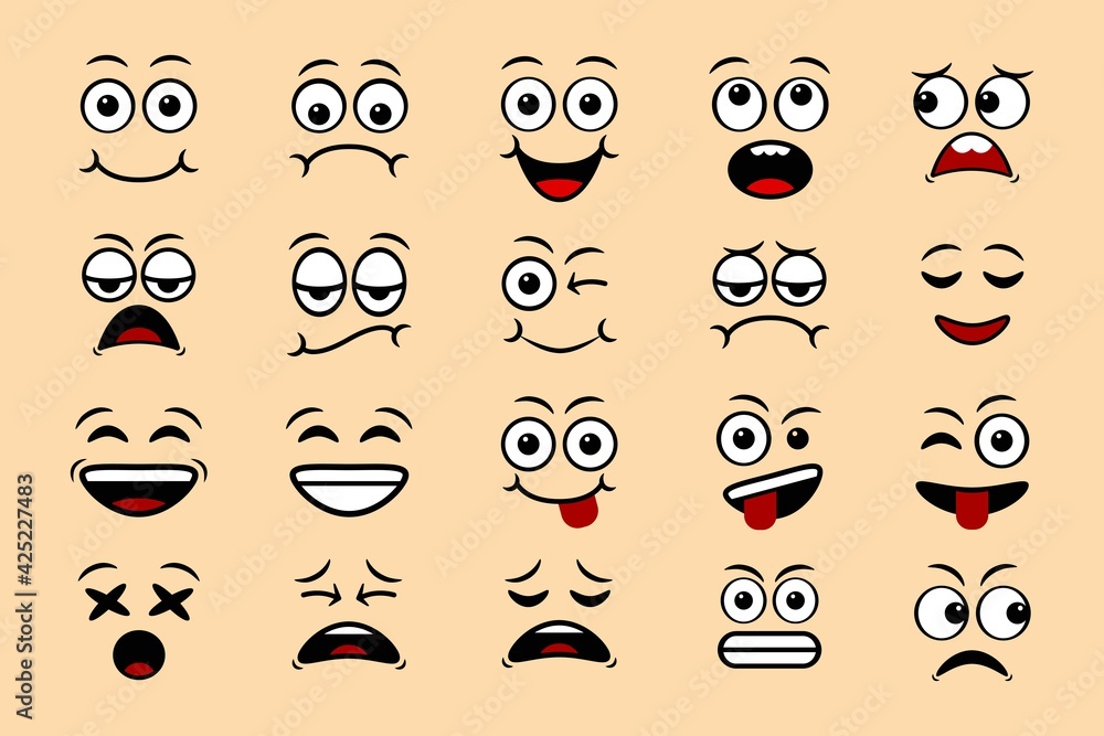 Cartoon face expressions doodle hand drawn emoticon isolated vector ...