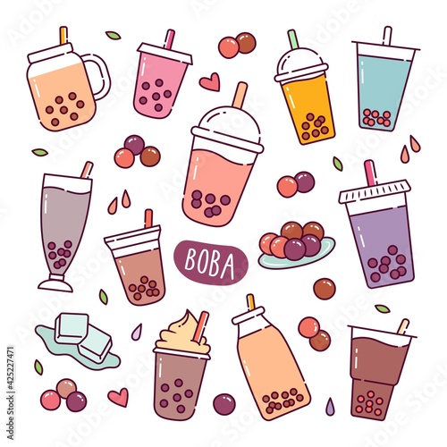 Boba drink doodle hand drawn vector icons for boba shop wallpaper decoration vector illustration