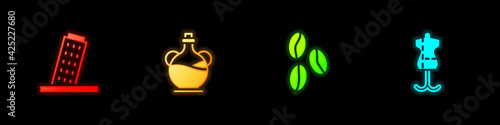 Set Tower in Pisa, Bottle of olive oil, Coffee beans and Mannequin icon. Vector