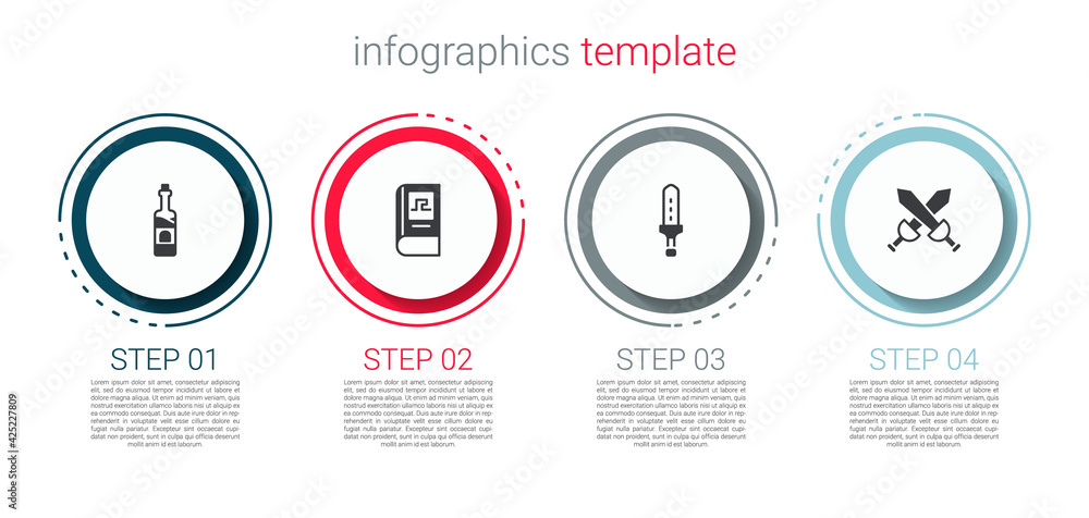 Set Bottle of wine, Greek history book, Medieval sword and Crossed medieval. Business infographic template. Vector Set Bottle of wine, Greek history book, Medieval sword and Crossed medieval. Business infographic template. Vector