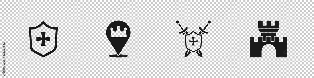 Set Shield, Location king crown, Medieval shield with swords and Castle, fortress icon. Vector Set Shield, Location king crown, Medieval shield with swords and Castle, fortress icon. Vector