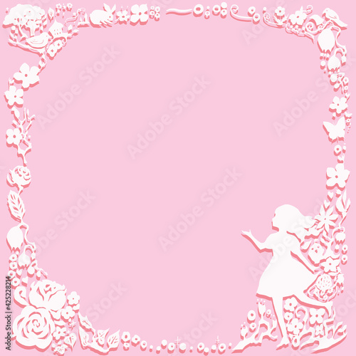 ピンク色の切り絵風の少女と花の正方形のフレームイラスト © Hi Na