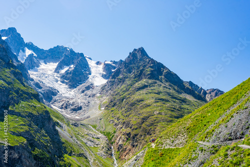 Mountain landscape on the french Alps  Massif des Ecrins. Scenic rocky mountains at high altitude with glacier