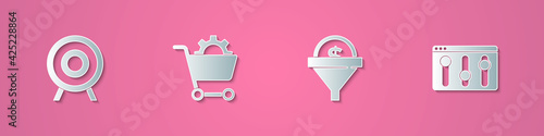 Set paper cut Target sport, Shopping cart, Lead management and Browser setting icon. Paper art style. Vector