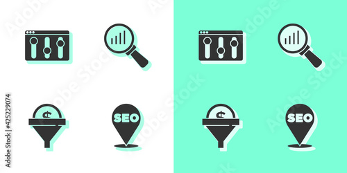 Set SEO optimization, Browser setting, Lead management and Magnifying glass and analysis icon. Vector