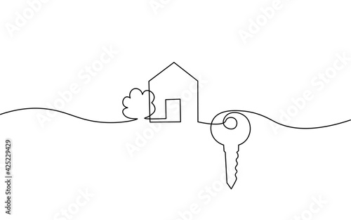 One line seller house door keys. Building quarter residential complex. Hand drawn sketch continuous line. Sell own family customer life business concept vector illustration