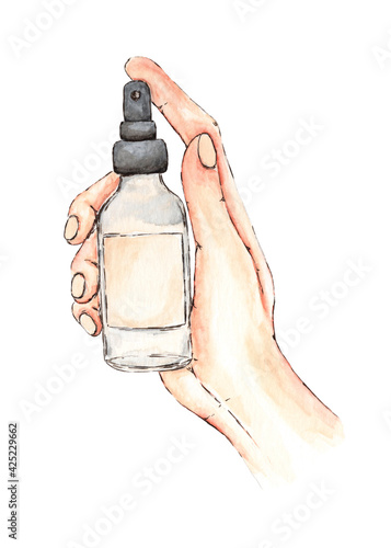 Cosmetics bottle with serum lotion or essential oil in female hand painted in watercolor on a white background. Hand painted design isolated on white background.
