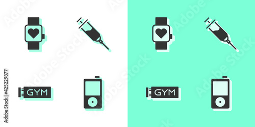 Set Music player, Smart watch, Location gym and Doping syringe icon. Vector